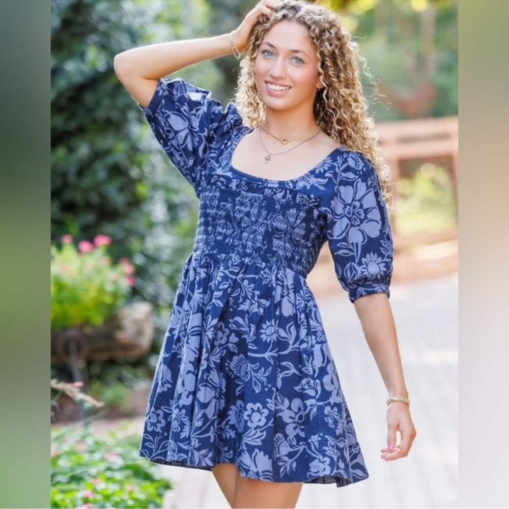 NEW Free people Dear Delilah Blue Floral Smocked Puff Sleeve Mini Dress small